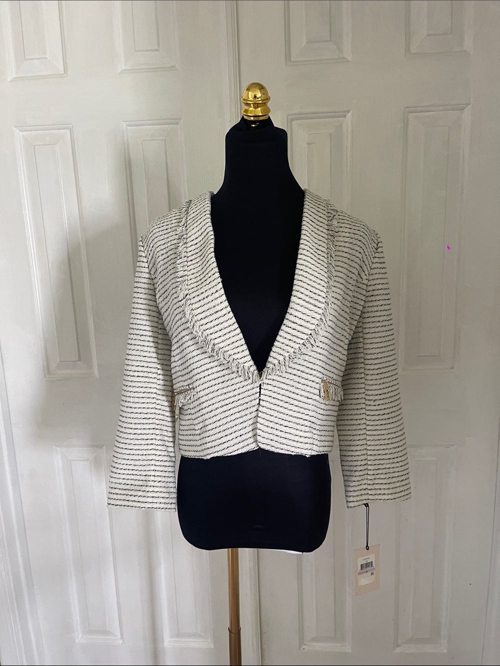 Ivanka Trump Ivory and Black Striped Cropped Shawl-Collar Blazer